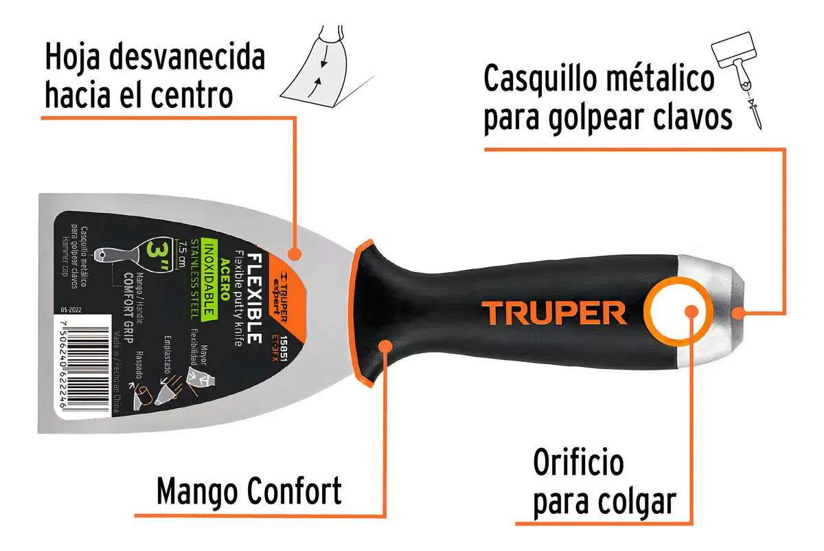 Espátula Flexible 3' Inox Mango Comfort Grip Truper 15851