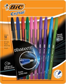 Bolígrafo Bic Cristal Precisión 10 Piezas Ultra Fino 0.7 Mm, Tinta de Varios Colores, Color del Exterior Humo
