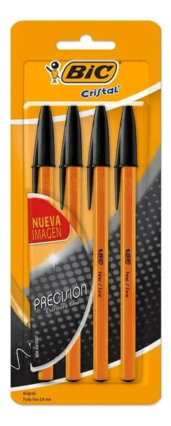 Bolígrafo Bic Cristal Punto Fino Color Negro 4 Piezas Exterior Amarillo