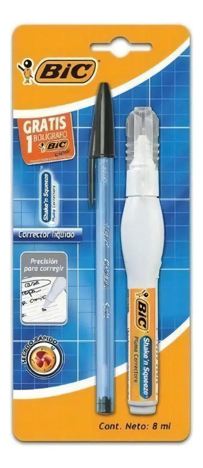 Corrector Liquido Blanco Shake N Squeeze 8 Ml con Pluma Bic Diamante Ultrafino 0.8mm