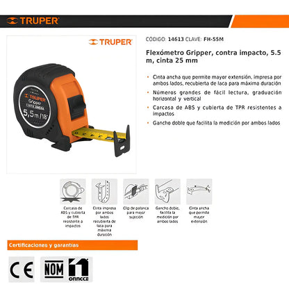 Flexómetro Contra Impacto, 5.5m, Cinta 25mm, Truper 14613