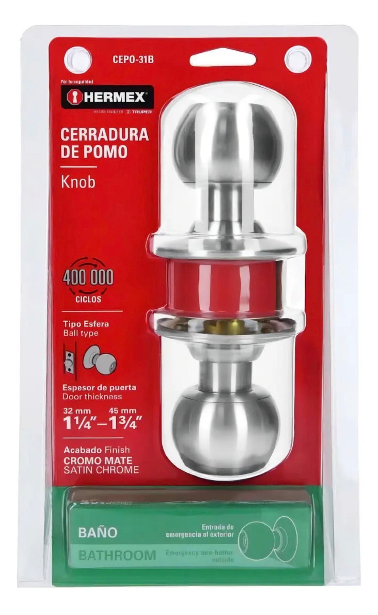 Cerradura Pomo Esfera Baño Cromo Mate Hermex 43462 Color Gris